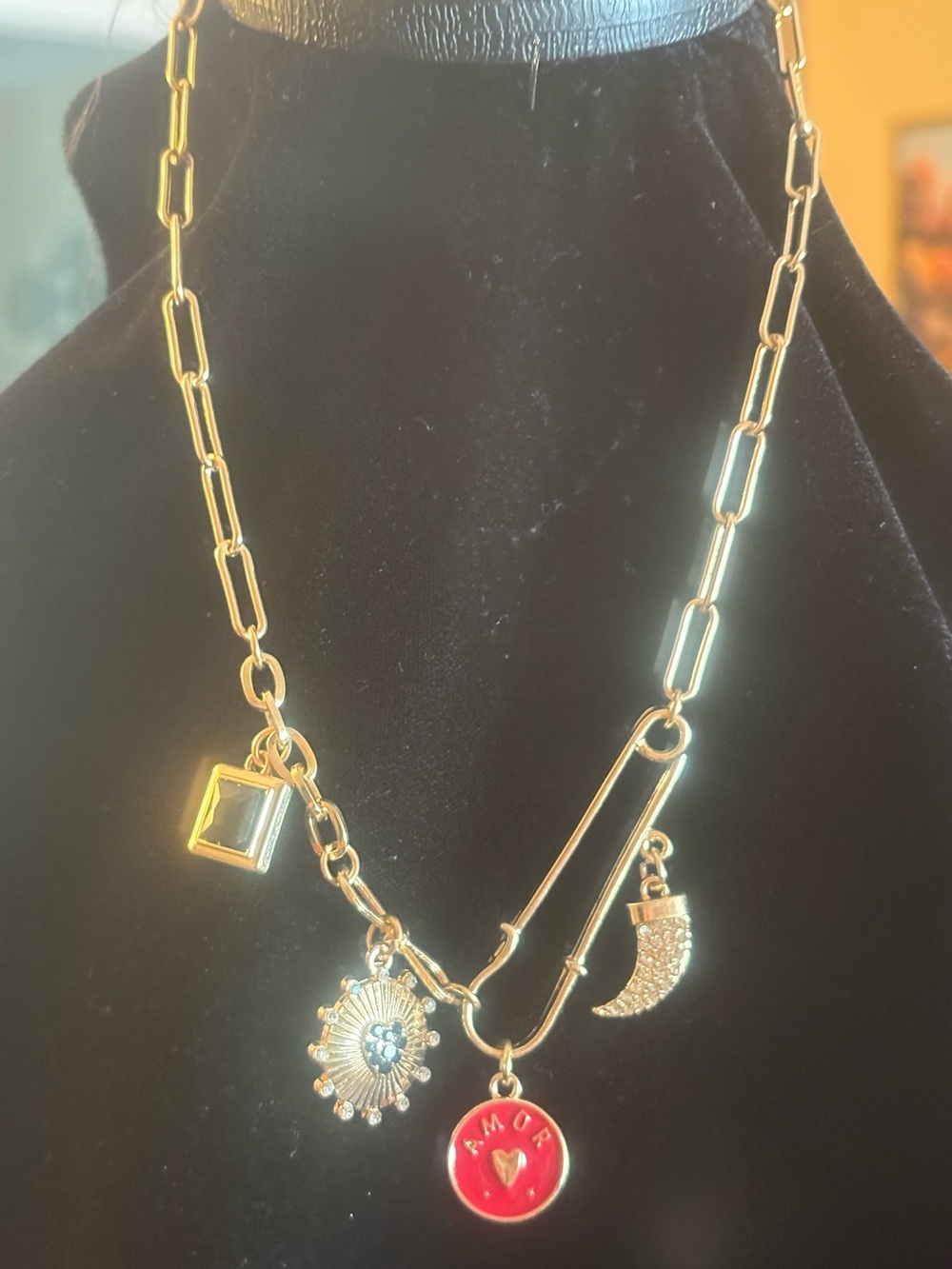 Gold-Tone Charm Necklace with Red 'Amor' Pendant